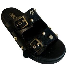 GBG GG Juliana T  Rhinestone Pearl Double Strap Black Platform Slide Sandals 8M